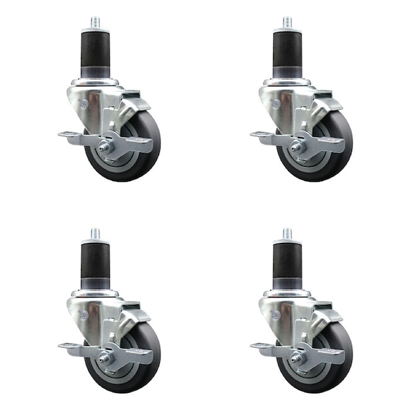 Service Caster 3.5'' SS Thermoplastic Rubber Swivel 1-5/8'' Expanding Stem Caster Set with Brake, 4PK SCC-SSEX20S3514-TPRB-TLB-158-4 - main